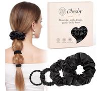 obeoby 100% Mulberry Silk Ties Black Scrunchies for Girls 4 Pack Silk Bobbles for Hair-Smooth Surface Thick Thin Hair, Daily Wear Work Workouts Parties Campus Life Ponytails Braids Buns
