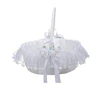 Obetuens White Wedding Flower Girl Basket with Lace and Satin Bow, Elegant Swing Handle, Romantic Wedding Ceremony Decor, Artificial Flowers, for Flower Girls, Bridal Shower