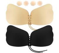 Obidodi 2 Pack Push up Bra Backless Bras for Women, Stick on Bra with 4 Nipple Pads and Drawstring, Reusable Breathable Strapless Bras Invisible Adhesive Bra for Party, Beach, Wedding (Beige&Black, C)