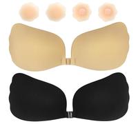 Obidodi Sticky Backless Bra - 2 Pack Push Up Bra Invisible for Party, Beach, Wedding - 4 Nipple Pads Breathable Strapless (Beige&Black, C)