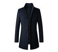 OBiQuzz Mens Autumn And Winter Casual Fashion Single Breasted Woolen Coat Mid Length Coat Trench Coat Windbreaker with Hood Men (Navy, M)