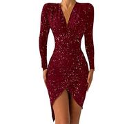 OBiQuzz Sequin Dress Split Glitter Red Women's Sexy Ball Dress A Line Dress V-Neck Long Sleeve Mini Dress Short Tight Wrap Dress Bodycon Personalities Cocktail Dress Night Club Party, Z01 wine, S