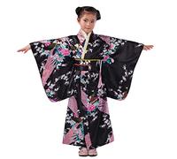 OBiQuzz Traditional Robe Japanese Girl Costume Clothing Outings Toddler Kimono Baby Girl Clothing & Skirt Belly Chains (Black, 7-8 Years)