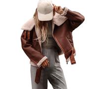 OBiQuzz Women's Asian Size L Brown Faux Leather & Fur Lined Long Winter Coat with Hood & 2 Slant Pockets