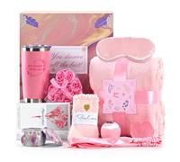obisesio Luxury 10-Piece Gift Basket, High-End Spa Set, Pink Floral XL Flannel Blanket, Scented Candles, Bath Bombs, Soaps, Socks, Eye Mask, Hair Tie, Handmade Flowers, Card