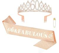 Oblihumoy 60th Birthday Sash Tiara Set, Rose Gold Rhinestone Crown and Glitter Sash for Women, 60th Birthday Decoration for Party Supplies