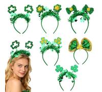 Oblihumoy 6Pcs Green St Patricks Day Headband, Glitter Irish Shamrock Head Boppers, Novelty St Paddys Day Headwear for Adults