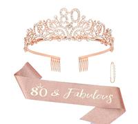 Oblihumoy 80 and Fabulous Sash & Rhinestone Tiara Set, 80th Birthday Tiara and Sash for Women Rose Gold Birthday Party Supplies