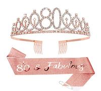 Oblihumoy 80 and Fabulous Sash & Rhinestone Tiara Set, 80th Birthday Tiara Birthday Sash for Women Rose Gold Birthday Party Supplies