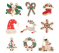 Oblihumoy 9Pcs Christmas Brooch Pin Set, Rhinestone Crystal Breast Pins, Mixed Styles Xmas Decorations for Adults and Kids