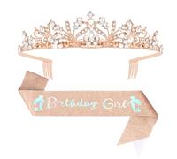 Oblihumoy Birthday Crown Sash for Women, Rose Gold Birthday Girl Decorations Tiara for Women