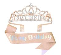 Oblihumoy Birthday Sash & Rhinestone Tiara Set, Its My Birthday Tiara and Sash for Women Rose Gold Crown Rhinestone Crown