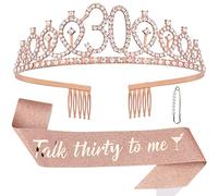 Oblihumoy Sash and Rhinestone Tiara Set, Rose Gold Glitter Birthday Sash for 30th Women, Talk Thirty to Me 30th Birthday Gifts Birthday Party Favors