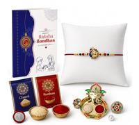 Oblivion Pooja Thali with Rakhi Set for Brother - Peacock Design with Multicolour Mina and Beads Rakhi with Silver Colour Pooja Coin & Greeting Card, Traditional Raksha Bandhan Gift Combo for Bhai