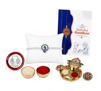 Oblivion Pooja Thali with Rakhi Set for Brother - Silver Color Round Shape with Red Green Mina Rakhi with Silver Color Pooja Coin & Greeting Card, Raksha Bandhan Celebration Combo for Bhai