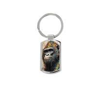 Oblong Metal Keyring with Monkey Portrait Print, Black Gift Box