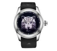 OBLVLO Kafyase Fashion Earth DIal Rubber Band Mechanical Watch for Men 3D Tiger Black PVD Case Waterproof Automatic Sport Watches (KF-PR-02)