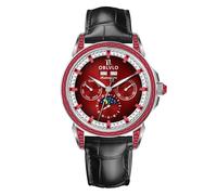 OBLVLO Men's Luxury Watch Diamond Bezel 24-Hour Multifunction Mechanical Automatic Moonphase Leather Strap GCM GCM-MUT, GCM-MUT-YRBL, Modern