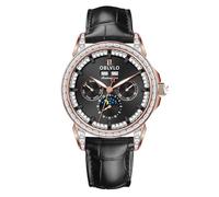 OBLVLO Men's Luxury Watch Diamond Bezel 24-Hour Multifunction Mechanical Automatic Moonphase Leather Strap GCM GCM-MUT, GCM-MUT-PBBL, Modern