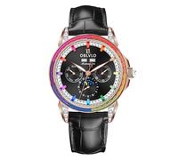 OBLVLO Men's Luxury Watch Diamond Bezel 24-Hour Multifunction Mechanical Automatic Moonphase Leather Strap GCM GCM-MUT, GCM-MUT-PCBBL, Modern