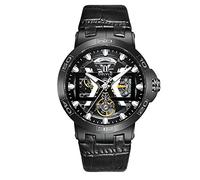 OBLVLO New Design All Black Automatic Watches with Skeleton Dial Leather Strap Big Watch UM (UM-BBB)