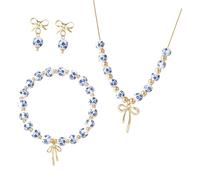 Obotsnoi Lovely Blue White China Pattern Ceramic Bowknot Jewelry Set Elegant Necklace for Casual and Formal Event Classical China Pattern