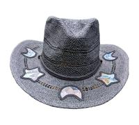 Obotsnoi Western Suncatchers Straw Sun Hat Rainbow Prisms Effects Star Moon Cutouts And Ventilated For Music Festivals Picnics Suncatchers Straw Hat