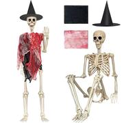 obqo 5.4FT Life Size Posable Halloween Skeleton, Full Realistic Bones with Movable Joints, Giant Halloween Decorations Indoor Outdoor for Yard Garden, Includes Witch Hat & 2 Creepy Cloths
