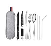 OBR KING Travel Cutlery Set with Case, 9 Pieces Stainless Steel Knife and Fork Sets Portable Outdoor Camping Utensils, Silver