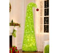 Obralitic 5 FT Whimsical Pop Up Christmas Tree with 50 Timer Lights, Lime Green Collapsible Artificial Shaggy Tinsel Pencil Tree for Home Apartment Office Holiday Decor, Easy Assembly
