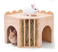 OBreezify Wooden Bunny Hideout Indoor Rabbit House Hideaway with Hay Feeder | Scalloped Edge, Dual Entrance, Rabbit Castle for Small Animal Guinea Pig Chinchilla Ferret Rat Hedgehog Play Rest Accessories