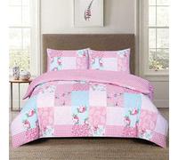 OBS 4PCS Complete Set Luxury Cotton Rich Bedding Set Quilt/Duvet Cover Fitted Sheet Pillowcases (Patchwork Floral-Pink, King)