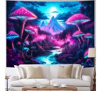 Obsecolors Blacklight Mushroom Tapestry UV Reactive Mountain Tapestries Misty Forest Plant Floral Wall Tapestry Aesthetic Moon Tapestries Wall Hanging for Bedroom