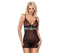 Obsessive Exciting lingerie set made of negligee and briefs with fine satin ribbon in a great gift box, Black and white embroidery, S-M