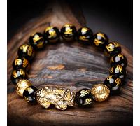 Obsidian Black Wealth Bracelet Golden Pi Xiu Lucky Amulet Relection Stone Unisex Obsidian Obsidian Elastic Size 12 mm (#1)