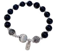 Obsidian Bracelet with Black Rutilated Quartz and White Cat's Eye Beads, Silver Accents, Starry Night Charm, 5.9 in, Beaded Jewelry Piece for All Styles, Easy to Match for Daily Wear