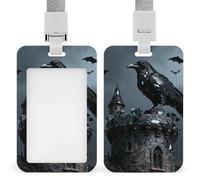 Obsidian Raven Tower Id Badge Holder with Breakaway Lanyard Abs Plastic Name Tag Holder Vertical Clear Front Window Push Slide Card Protector Gift for NurseTeacher Office Staff & Events