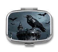Obsidian Raven Tower pilldispenser with Mirror 2 Compartments Waterproof PillCase for Purse Pocket Non-Slip Grip Travel Medicine Organizer Container Box for Vitamin Fish Oil Supplement