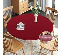 Obstal Fitted Round Red Table Cloth, Reversible Waterproof Stain Resistant Elastic Stretch Tablecloth, Wipe Clean Table Cover for Outdoor/Indoor Use, Fits Round Tables up to 32" - 36" Diameter