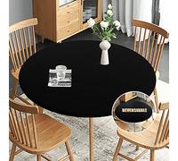 Obstal Fitted Round Table Cloth, Reversible Waterproof Stain Resistant Elastic Stretch Tablecloth, Wipe Clean Table Cover for Outdoor/Indoor Use, Fits Round Tables up to 48" - 56" Diameter, Black
