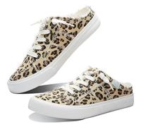 Obtaom Women Canvas Mules Memory Foam Clipper Fashion Sneakers Comfortable Slip-On Mule Backless Holiday Shoes, Leopard Print, 6 UK