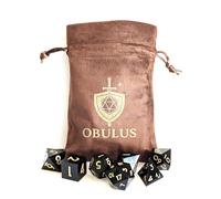 OBULUS - Set of 7 RPG Polyhedral Dice (D4-D6-D8-D10-D12-D20-D%) - Black & Gold Roleplay Dice with Velvet Pouch - Accessories DND, Pathfinder, JDR, Table Games