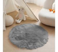 Obundi Rugs Living Room-Round 50cm,Small Faux Fur Rug for Kids Room,Washable Circle Bedroom Rug,Sheepskin High Pile Carpet,Thick Area Rugs for Lounge,Office,Grey
