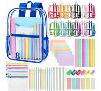 OBUSATT 192Pcs Clear Backpacks Writing Accessories Kit PVC Transparent Bookbags 12 Pack Backpacks Bulk with 12 Supply Sets for Donation