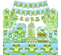 Obussgar Frog Birthday Party Decorations - Banner, Plate, Cake Topper, Cup, Napkin, Balloon, Tablecloth for Frog Party - Serves 20