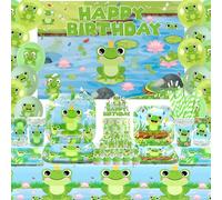 Obussgar Frog Birthday Party Decorations - Frog Party Supplies including Backdrop, Plate, Cake Topper, Cup, Napkin, Balloon, Tablecloth for Frog Party Decoration - Serves 20 (Backdrop)