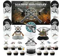 Obussgar Gun Birthday Party Decorations - Gun Party Supplies including Happy Birthday Backdrop, Spirals, Cake Toppers, Table Centerpieces, Balloons (BJ)