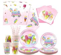Obussgar Ice Cream Party Decorations - Ice Cream Party Tableware Including Plates, Cups, Napkins, Tablecloths, Straws - for 20 People (Ice Cream)