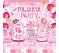 Obussgar Pajama Birthday Party Decorations - Pajama Party Supplies including Backdrop, Plate, Cake Topper, Cup, Napkin, Balloon, Tablecloth - Serves 20 (BJ)