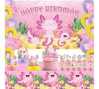Obussgar Pink Axolotl Birthday Party Decorations - Axolotl Party Supplies including Happy Birthday Backdrop, Cake Toppers, Table Centerpieces, Balloons (BJ)